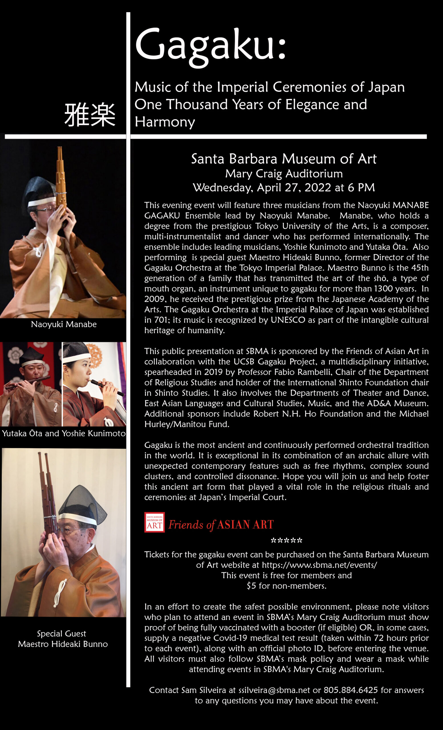Flyer for "Gagaku: Music of the Imperial Ceremonies of Japan One Thousand Years of Elegance and Harmony" on April 27, 2022 at 6PM at the Santa Barbara Museum of Art, Mary Craig Auditorium
