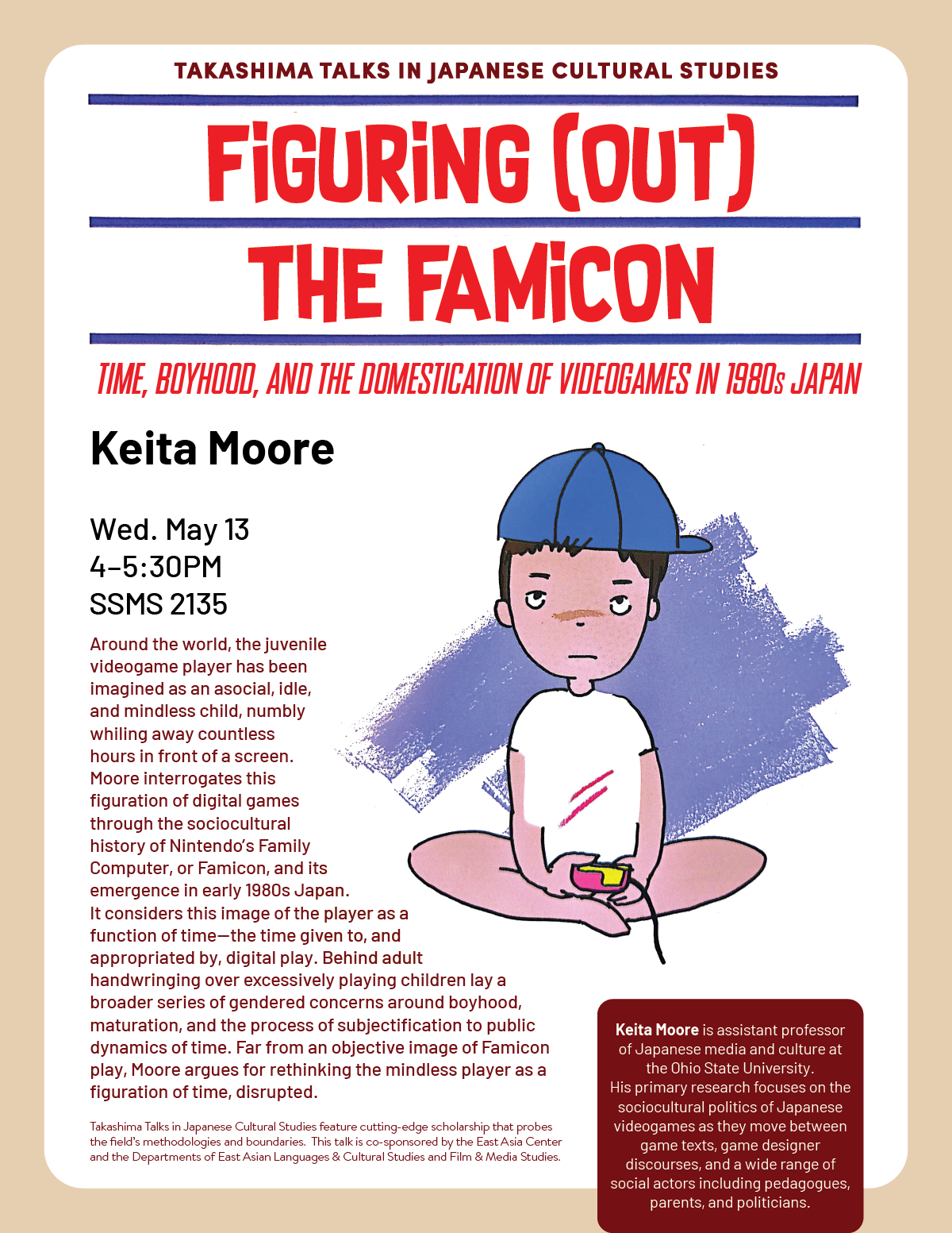 Poster for Talk by Keita Moore: Figuring (Out) the Famicon, at 4pm on 5/13