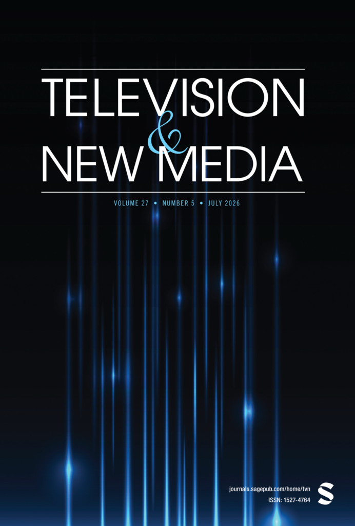 Cover image of the journal "Television and New Media, white text on black background with vertical lines of faded blue.