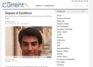 UCSB Current website photo of graduating Japanese student, Alia Ghasemizadeh, selected as a member of Phi Beta Kappa!